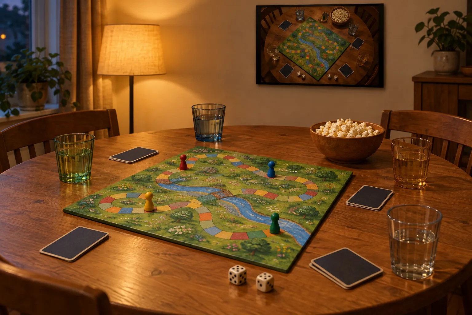 A board game night on a round wooden table, pawns on a painted path board, cards, dice and popcorn, with a framed photo of the table on the wall.