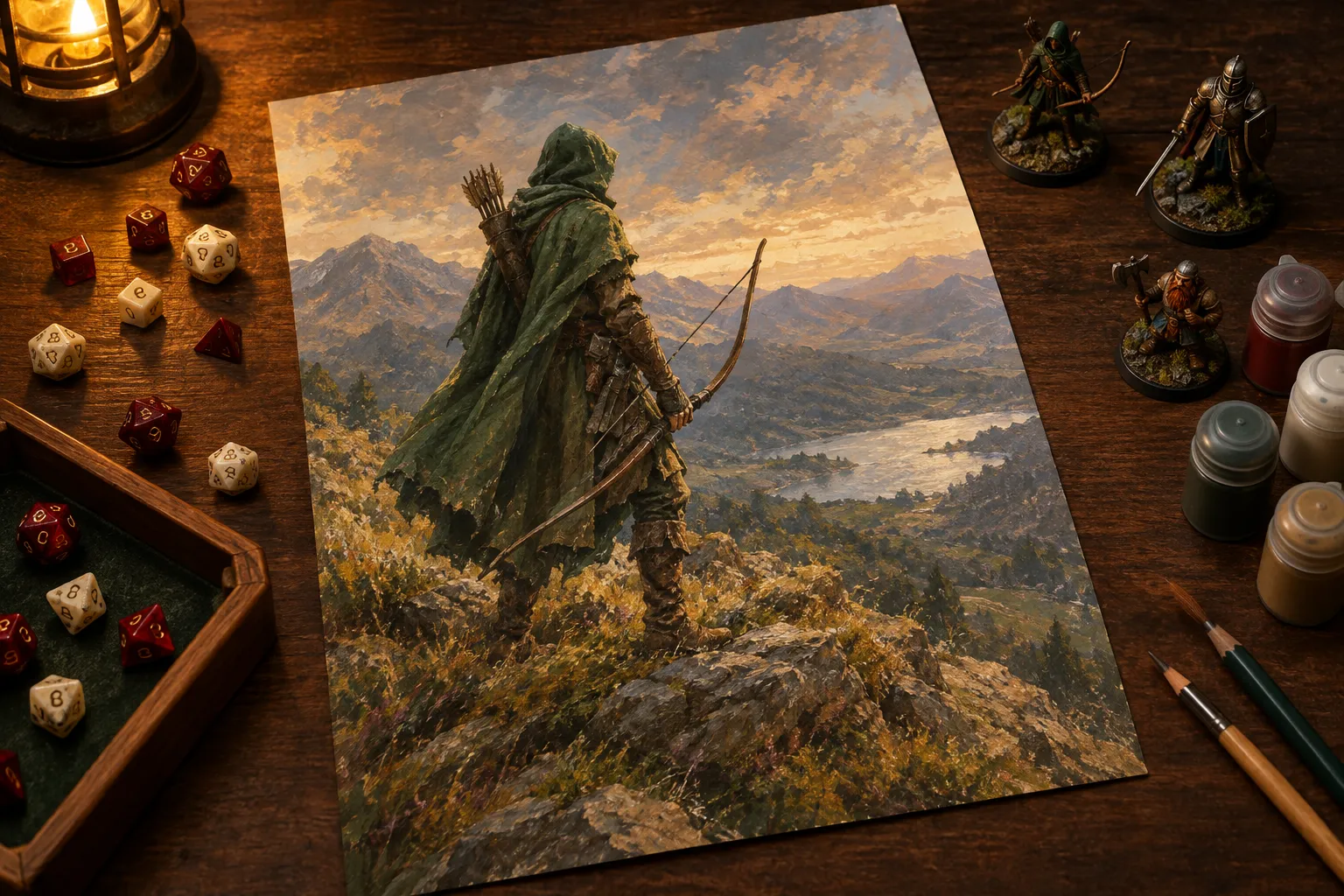 A painted picture of a hooded ranger with a longbow lying on a gaming table among dice, pencils and painted miniatures.