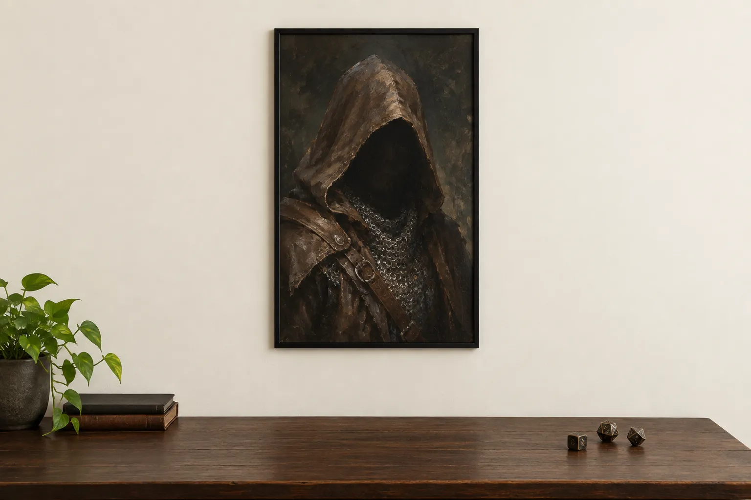 A framed painted portrait of a hooded figure in mail and a leather cloak, hanging above a wooden desk with three dice and a plant