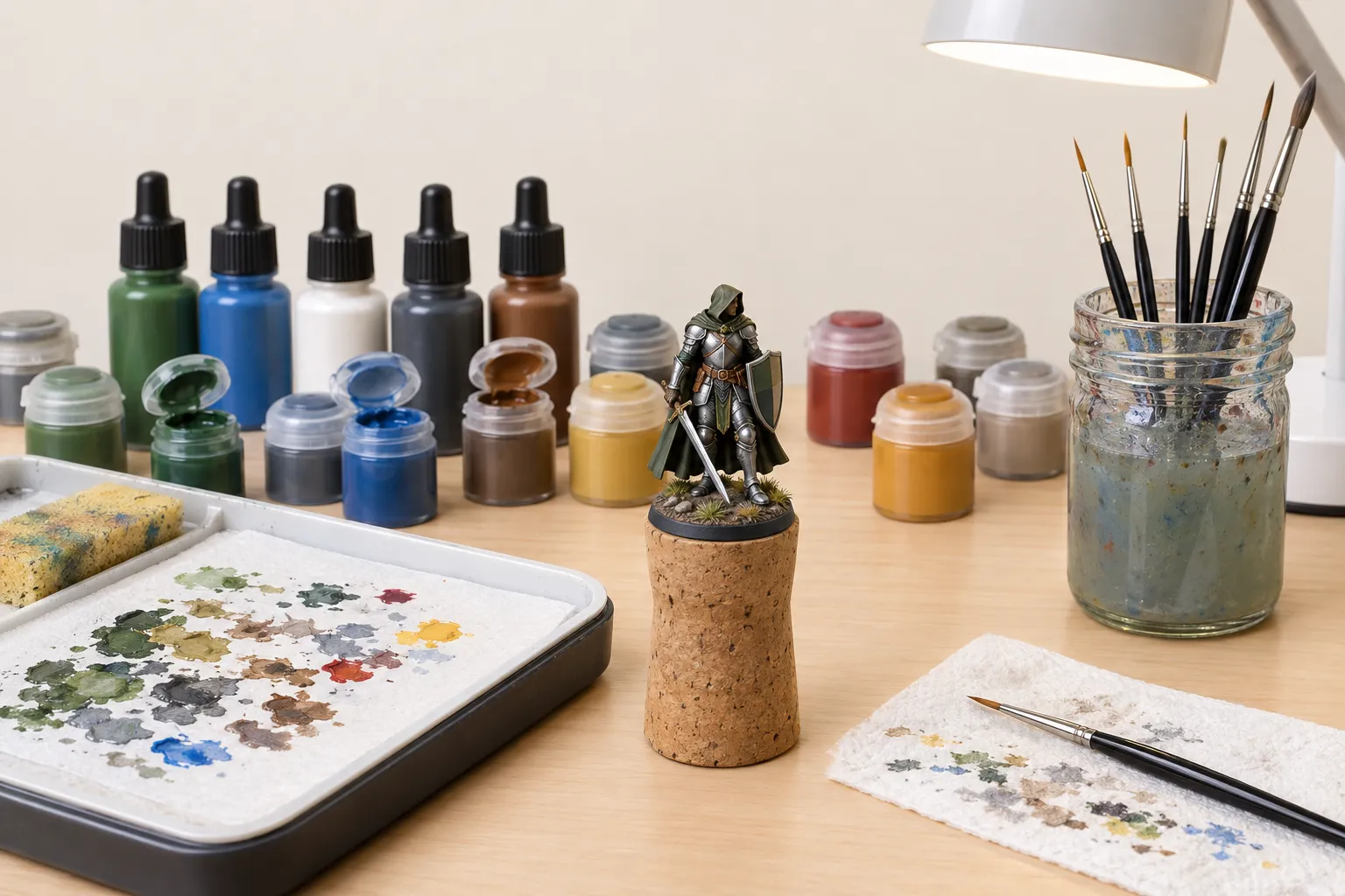 A painting desk with dropper bottles and paint pots, a wet palette, brushes in a jar of water and an armored miniature fixed to a cork under a lamp