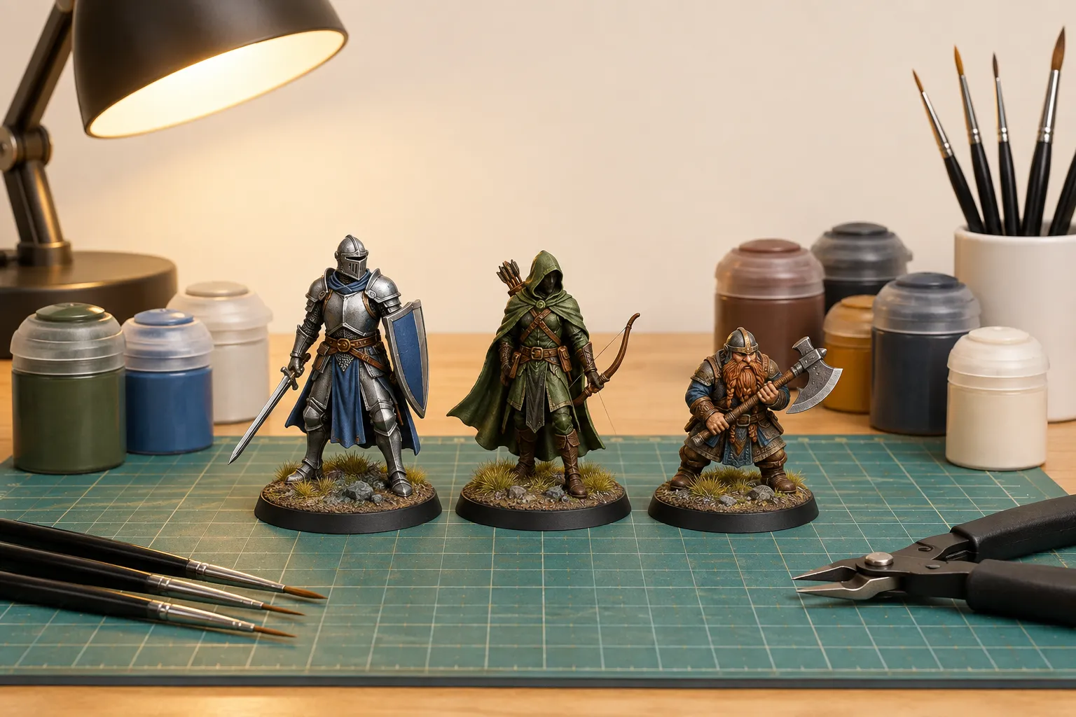 Three painted fantasy miniatures, a knight with a shield, a hooded archer and a dwarf with an axe, on grassy textured bases on a cutting mat