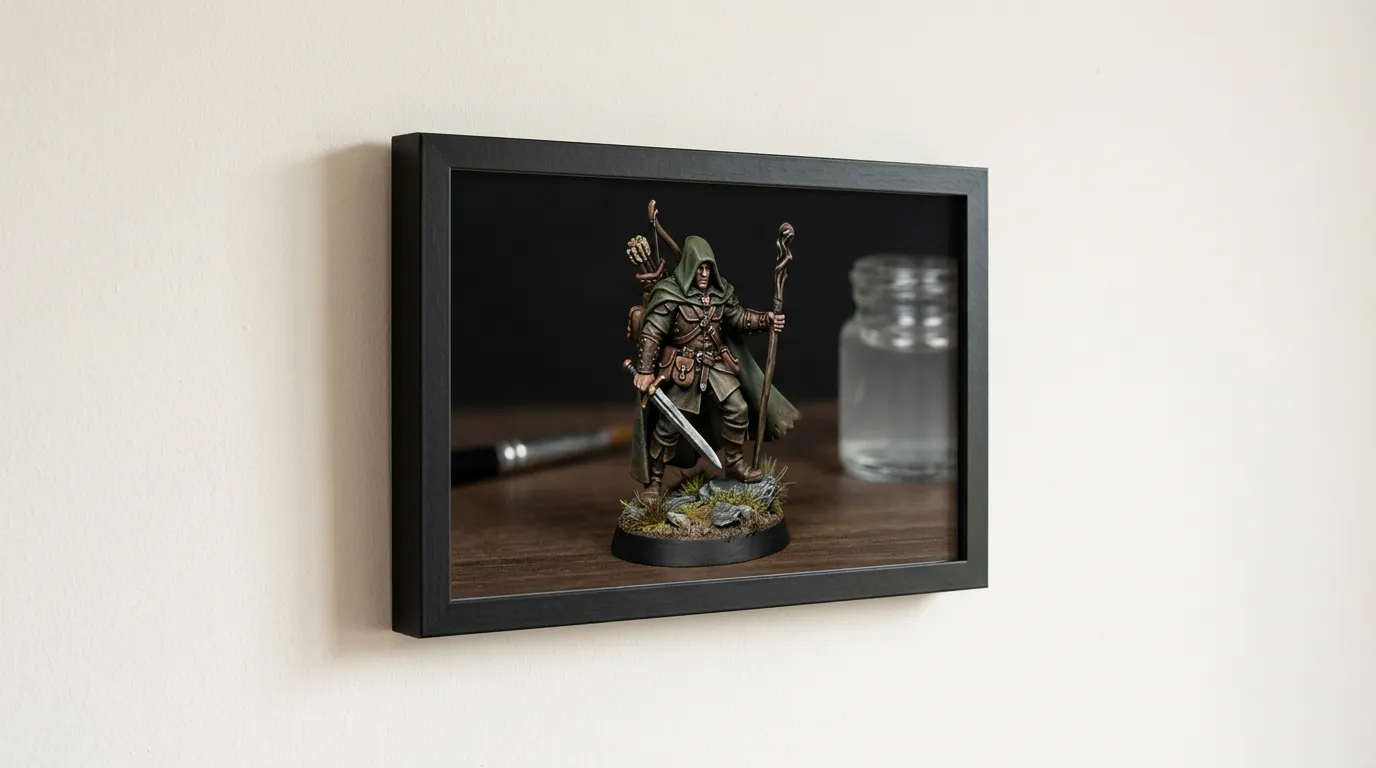 A black-framed print of a painted hooded ranger miniature holding a sword and a staff, hanging on a pale wall