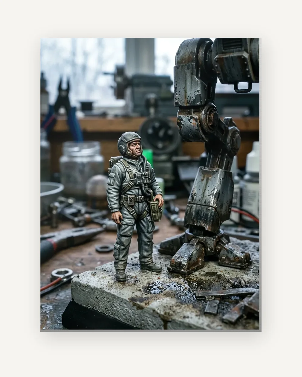 Metal print of a painted pilot miniature beside the leg of a walker on a workshop base
