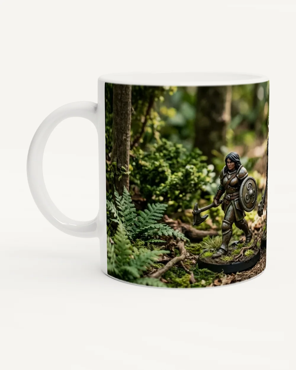 White mug printed with a painted miniature warrior on a forest path