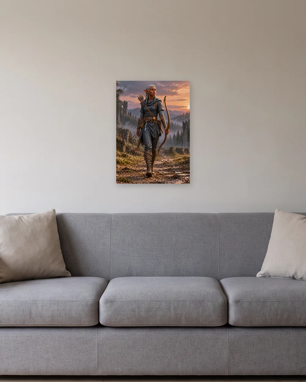 Canvas, 19.7 × 27.6 in (50 × 70 cm), on a wall above a gray sofa, shown to scale with example artwork