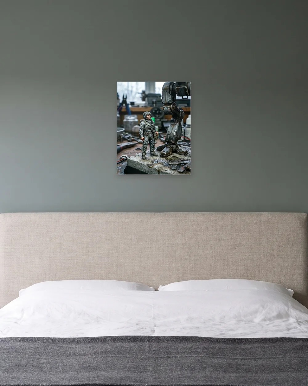 Metal print, 15.7 × 19.7 in (40 × 50 cm), on a wall above a bed headboard, shown to scale with example artwork