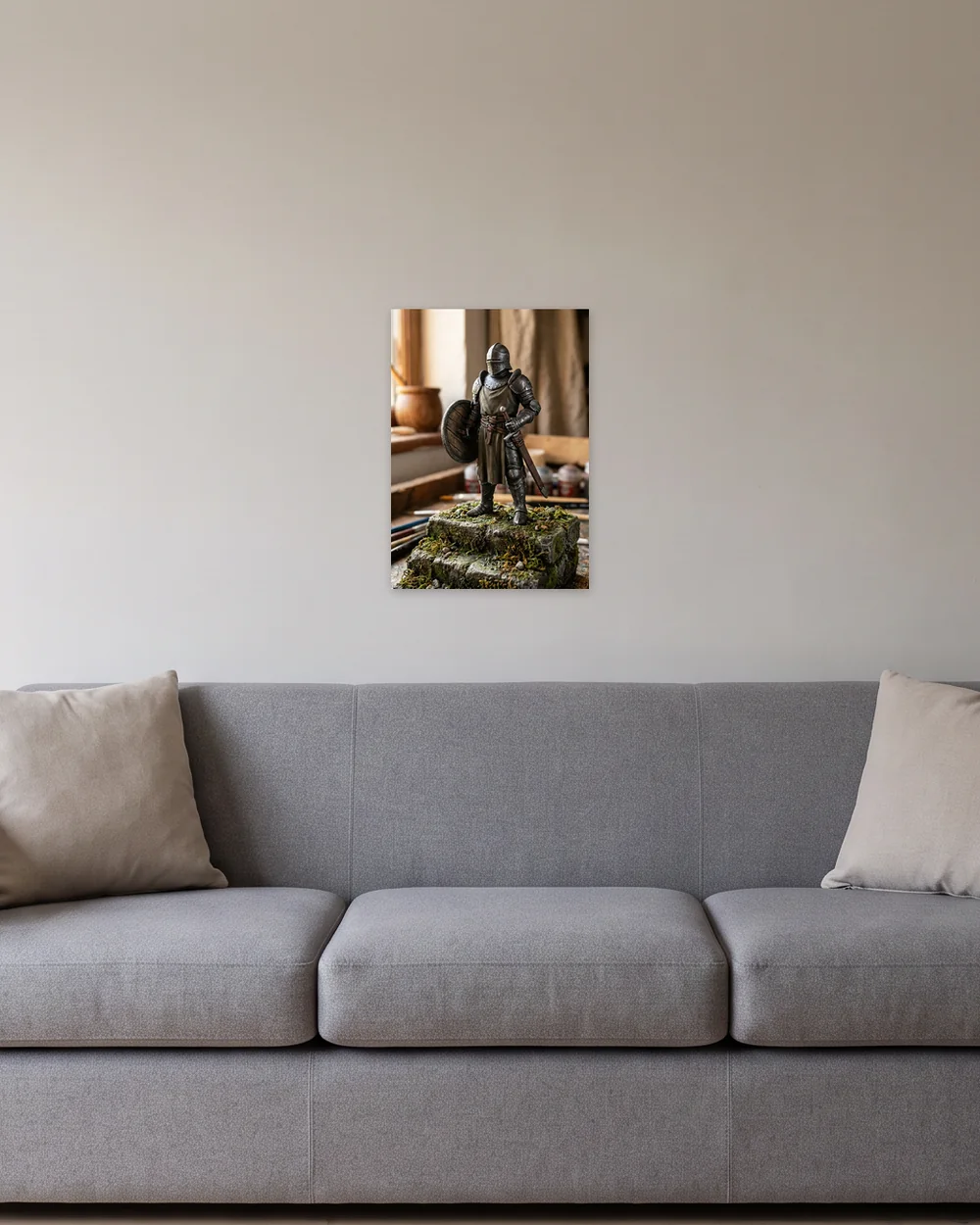Art print, 16.5 × 23.4 in (A2), on a wall above a gray sofa, shown to scale with example artwork