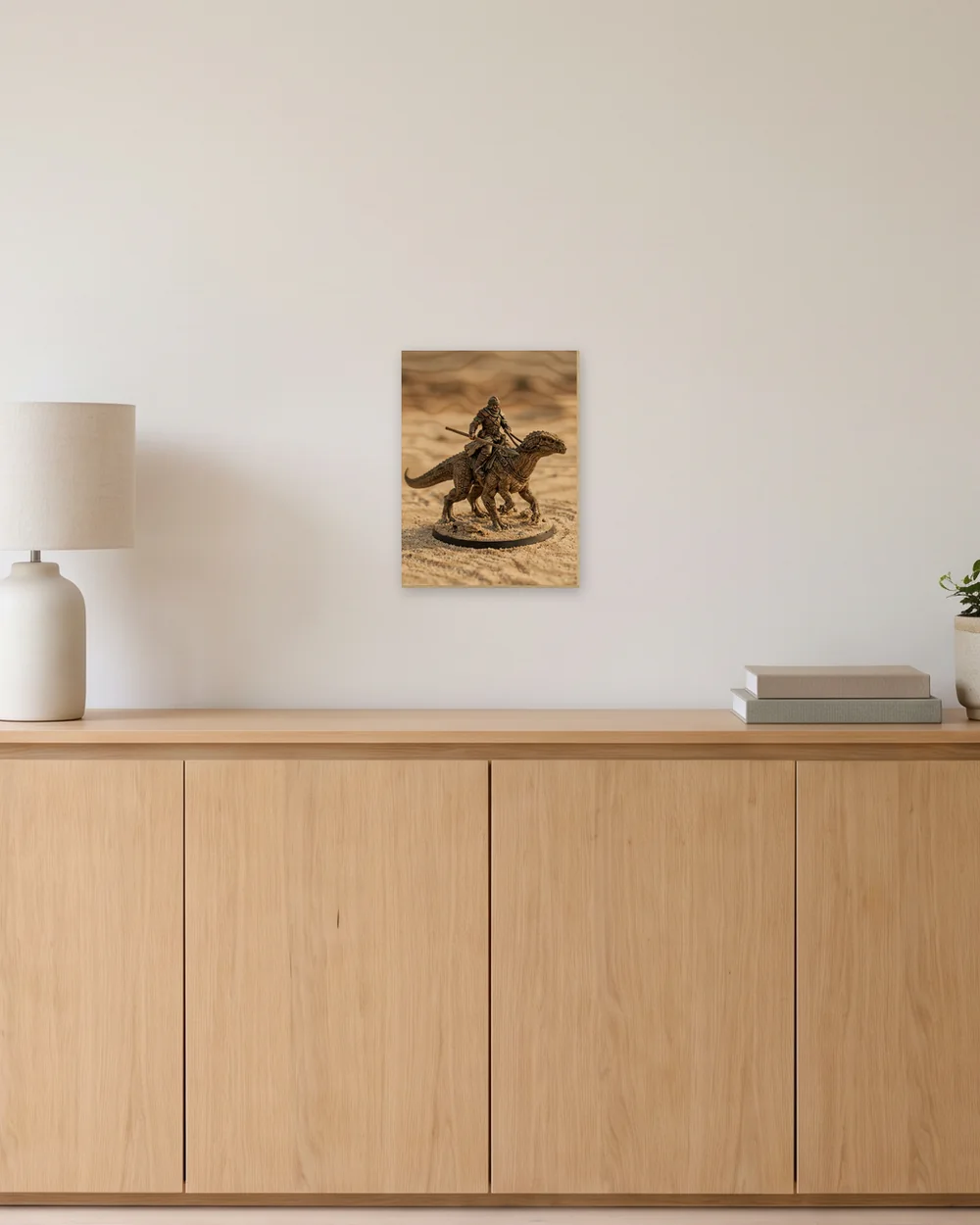 Wood print, 11.8 × 15.7 in (30 × 40 cm), on a wall above an oak sideboard, shown to scale with example artwork