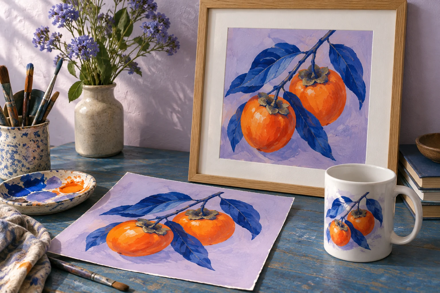 A painting of two persimmons on a lilac ground, shown as a loose sheet, in a wood frame and on a mug, on a painter's table with brushes