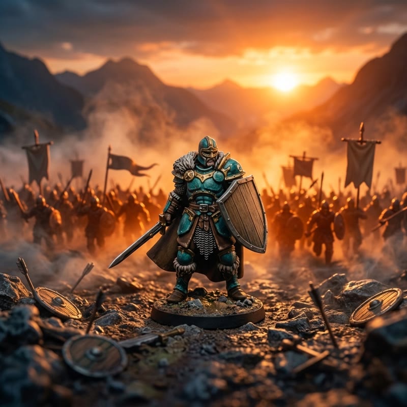A painted miniature standing in a sunset battlefield scene