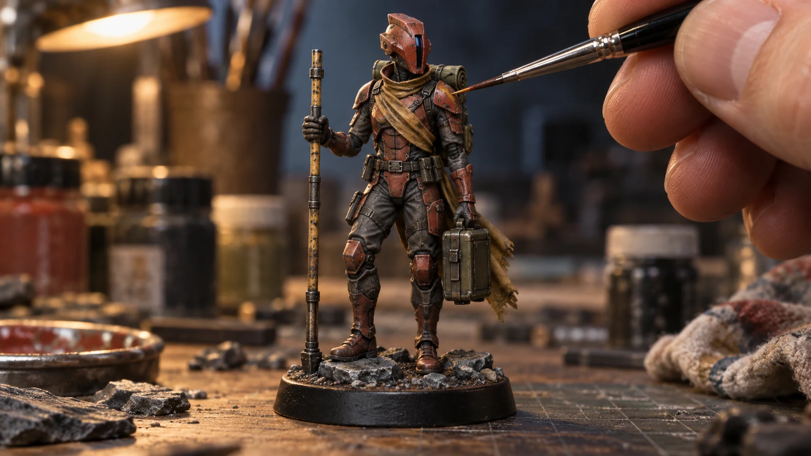 A painted expedition commander on a workbench, still on its display base