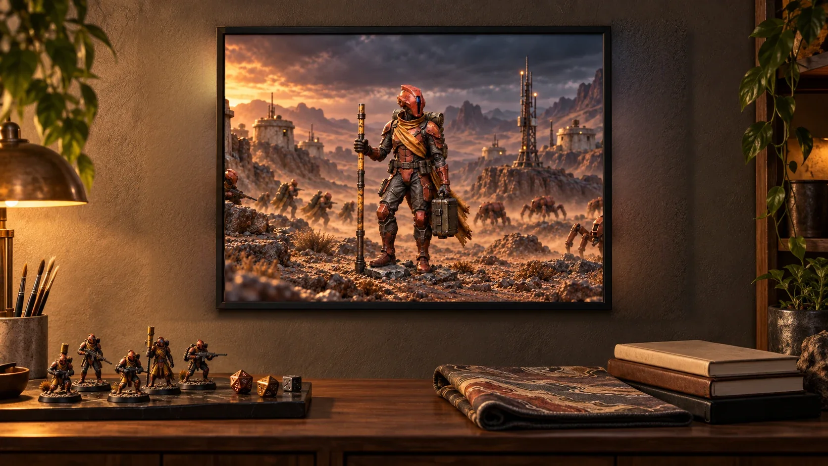 The same commander in its scene, printed as an A2 (16.5 × 23.4 in) framed print on a wall above a shelf of painted figures