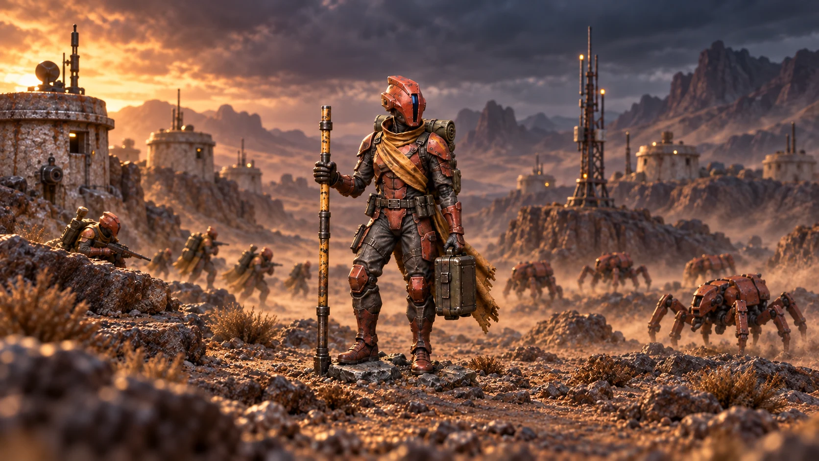 The same commander standing in a badlands outpost, with the workbench and display base gone