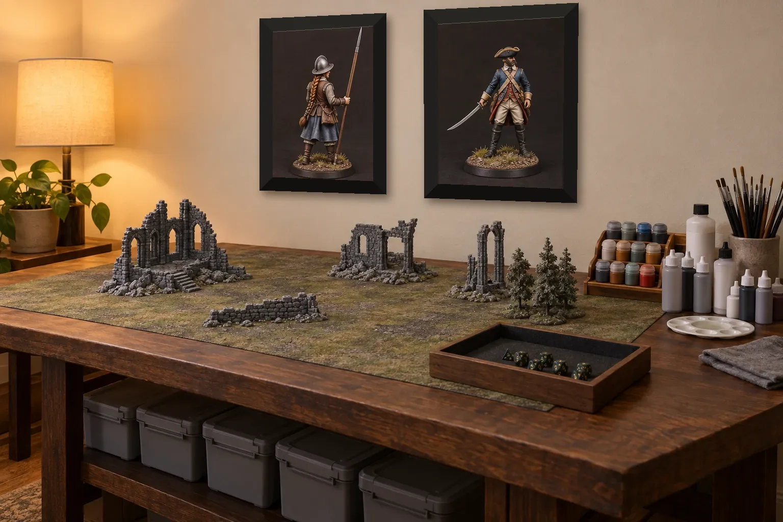 Games room with terrain on the battle table and two painted figures in black frames on the wall