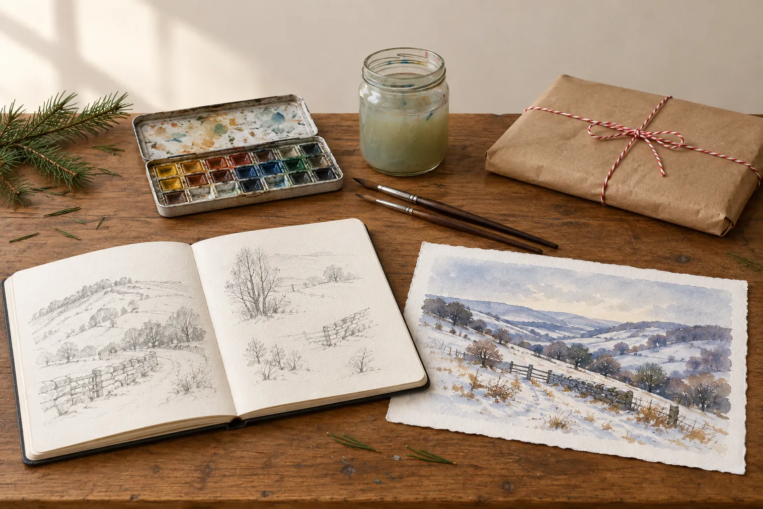 An open sketchbook with a tin watercolor palette and a finished winter watercolor beside a twine-tied brown-paper package.