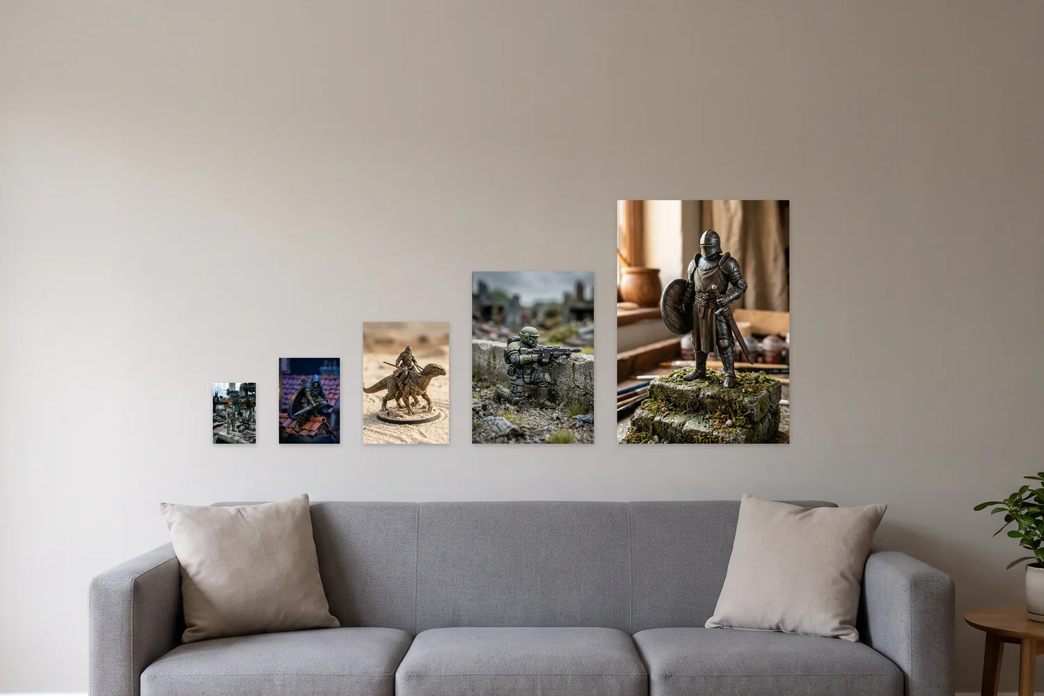 A5, A4, A3, A2 and A1 art prints side by side on a wall above a three-seat sofa, shown to scale with example artwork
