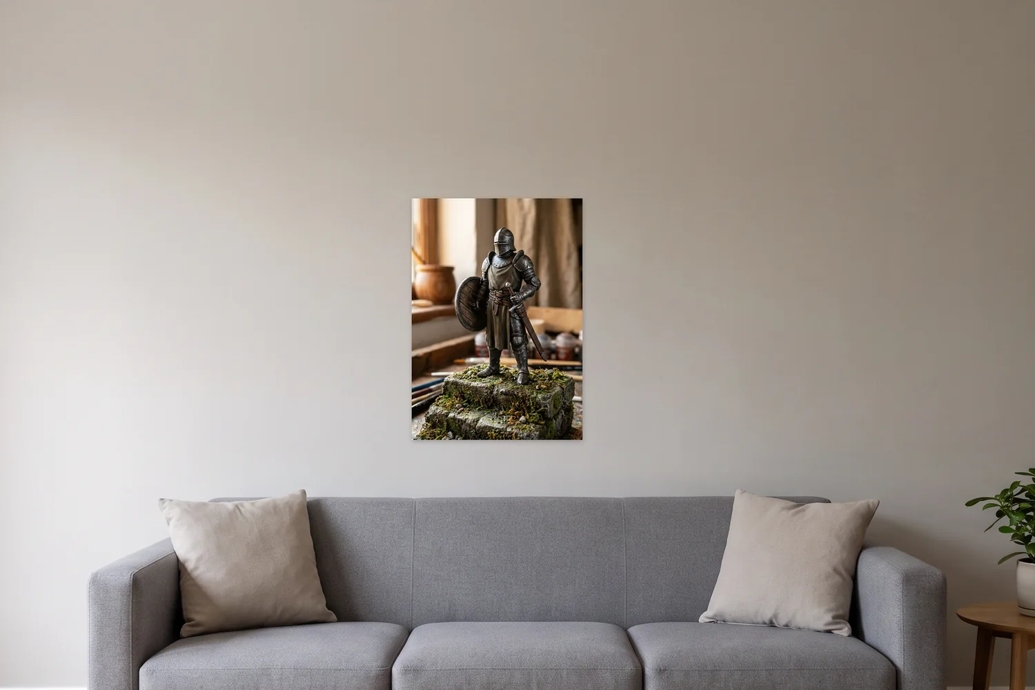 An A1 art print, 23.4 × 33.1 in, on a wall above a three-seat sofa, shown to scale with example artwork