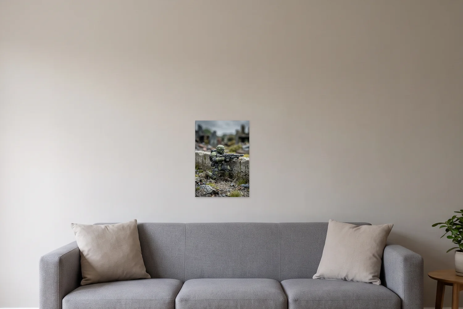 An A2 art print, 16.5 × 23.4 in, on a wall above a three-seat sofa, shown to scale with example artwork
