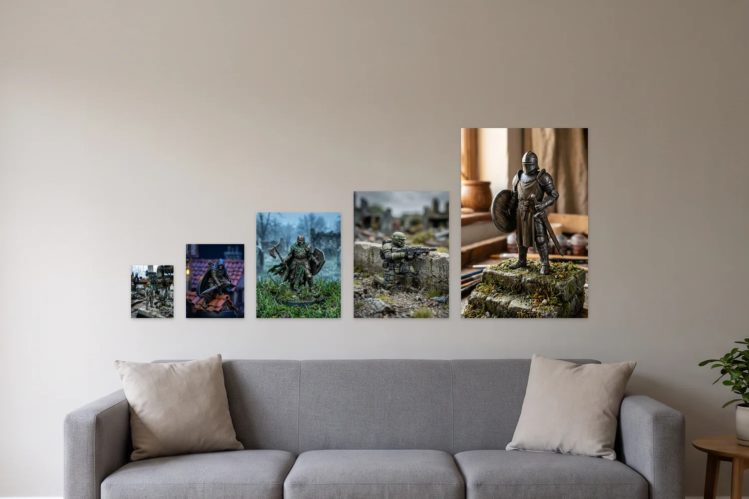 Art prints at 8 × 10, 11 × 14, 16 × 20, 18 × 24 and 24 × 36 in side by side on a wall above a three-seat sofa, shown to scale with example artwork