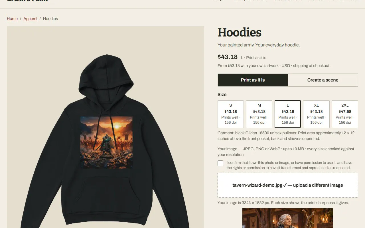 Hoodie product page with an uploaded image: each size from S to 2XL shows its price and how well the file will print