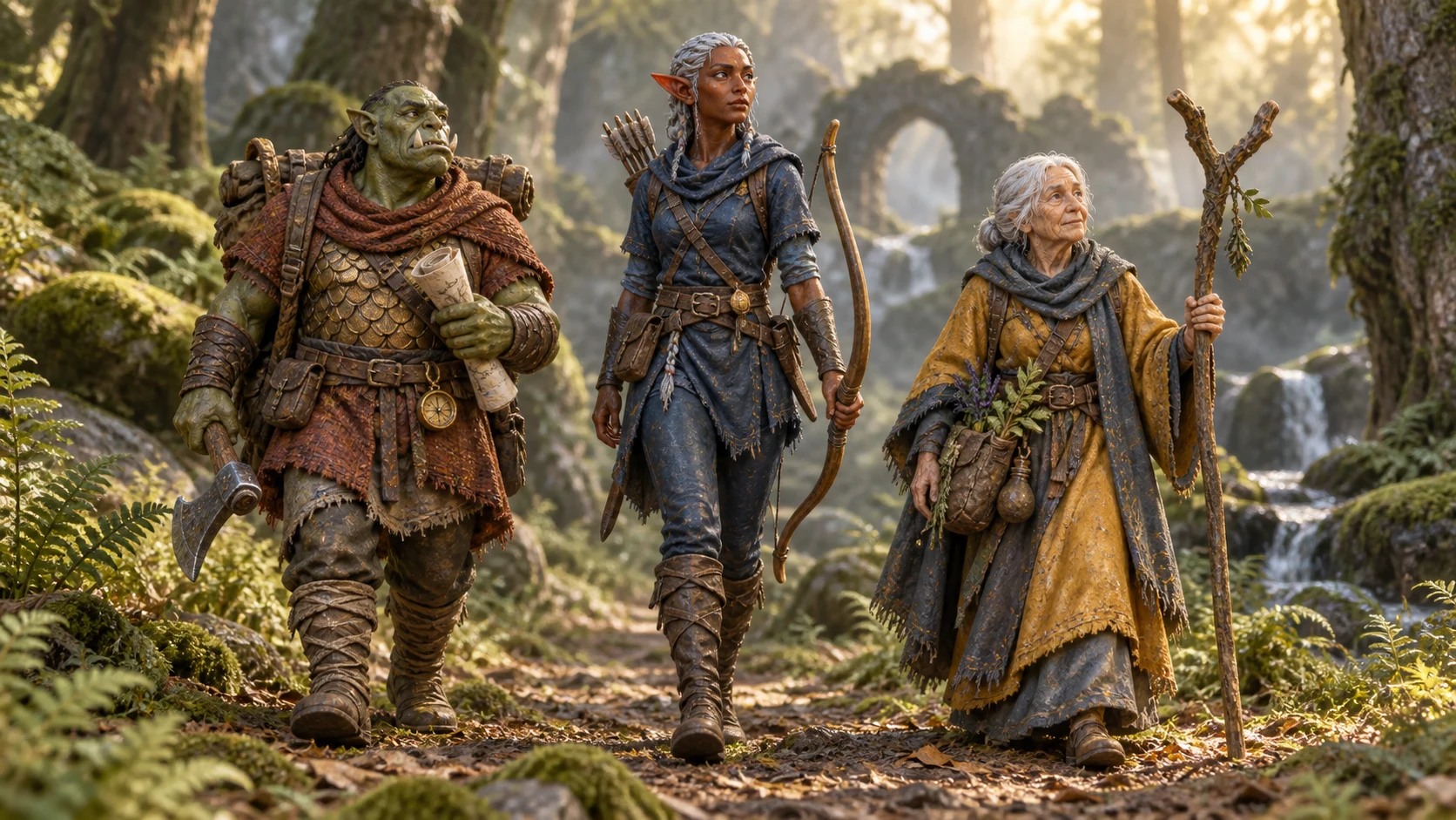Original orc, elf, and wizard party in a woodland setting without display bases